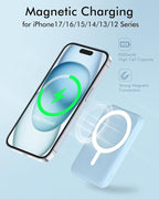 podoru for Magsafe Battery Pack, 5000mAh Magnetic Power Bank with Type-C Cable 20W PD Fast Charging Lighting Input Wireless Portable Charger for iPhone 17/16/15/14/13/12/ All Series-Sierra Blue