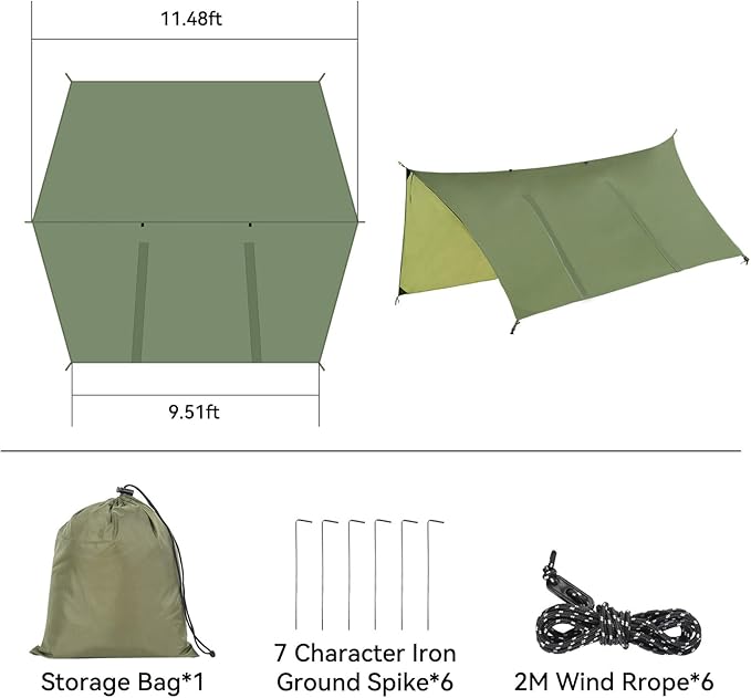Hammock Rain Fly Tent Tarp Large Ultralight Camping Tarps Waterproof Portable Backpacking Multifunctional Nylon Rain Cover for Outdoor Hiking, Picnic, Hammock, Car, Backpacking,11.5x9.5ft