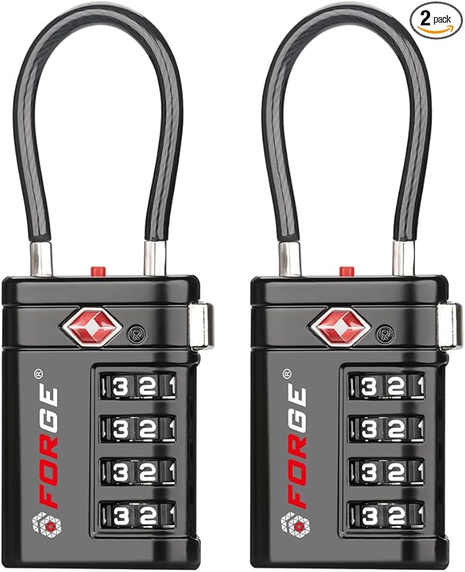 Forge TSA Approved Luggage Locks 4 Digit Combination TSA Travel Locks with TSA008, Open Alert Indicator, Zinc Alloy Body for Luggage, Suitcase, Backpack, and More. Black 2 Locks.