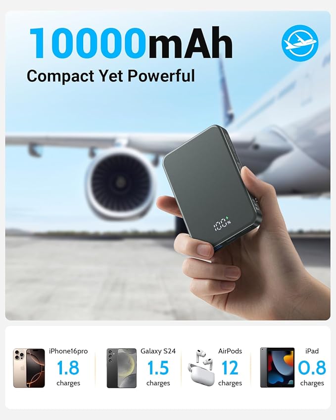 for Magsafe Portable Charger, Aluminum Alloy Small 10000mAh 20W PD Magnetic Power Bank, USB-C in&Out Wireless Battery Pack Phone Charger for iPhone 17/16/15/14/13/12 Plus Pro Max Series -Gray