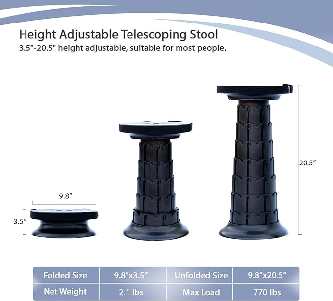 Telescopic Stool,20.4" Portable Seat, Collapsible Chair with Carabiner for Camping/Fishing/Hiking/BBQ/Music Festival - Max Capacity 770lbs