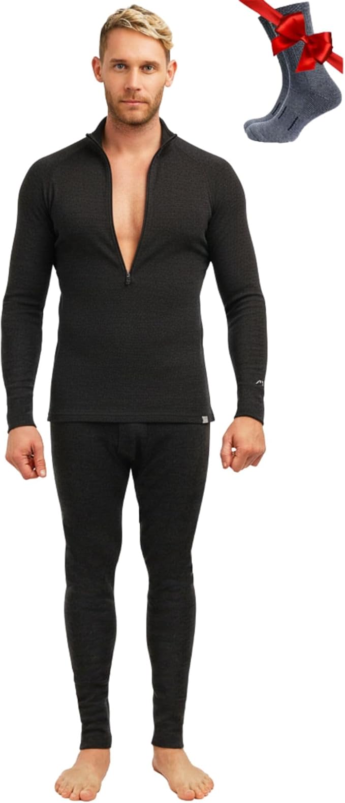 Merino.tech Men’s Merino Wool Base Layer Set – Zip-Up Heavyweight, Midweight Thermal Top & Bottom