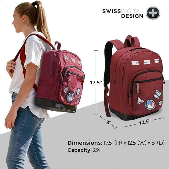 Swissdigital Design Big Student Laptop Backpack with Fun Personalized Patches For College Boy & Girl, Middle High School Teen Bookbag Cool Travel Daypack Burgundy - Includes 3 Patches | SD1718-44