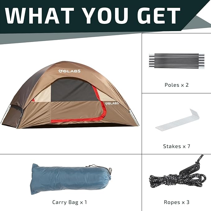 Golabs CT1 2 Person Camping Tent, Easy Set Up in 3 Mins, PU1500mm Waterproof w/Mesh Top & Door with Ventilation, Lightweight 4.4lbs Portable Family Tent with Carry Bag &Interior Storage Pockets &Hook
