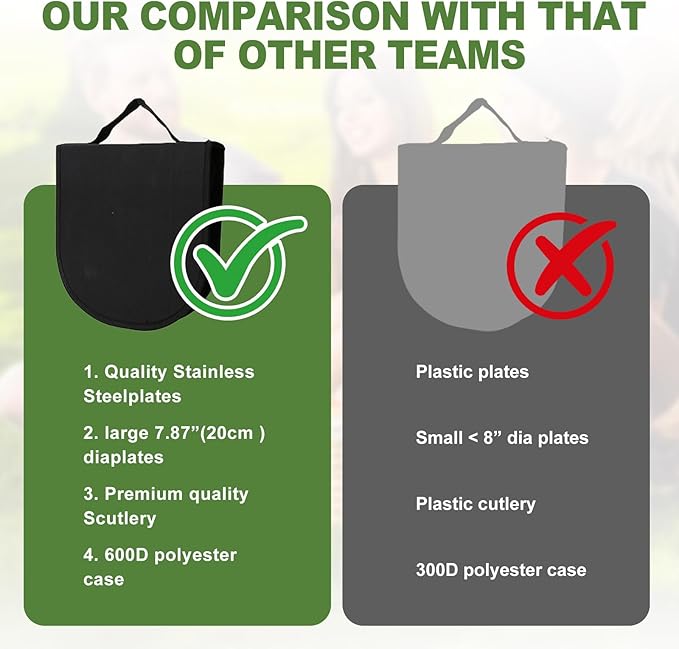 Camping Cutlery Set, 12-Piece Stainless Steel with Plates and Case, Portable Outdoor Dining Kit, Silver