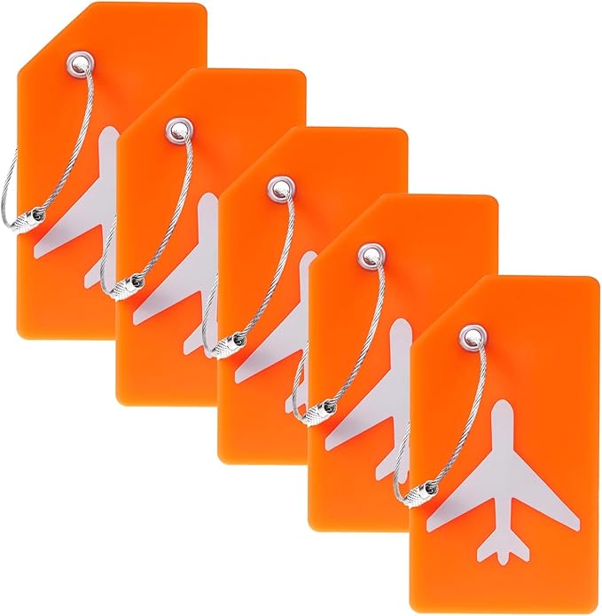 5 Pack Silicone Luggage Tag for Suitcases with Stainless Loop, TSA Approved, Privacy Protection Travel Essentials Bag Tags by Gostwo, Orange