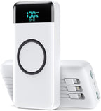 Wireless Portable Charger 40800mAh with 3 Built-in Cables,7-in-1 15W Wireless Charging Power Bank,25W PD QC 4.0 Fast Charging USB C LCD Display Battery Pack for iPhone 16/15/13,Samsung,Android-White