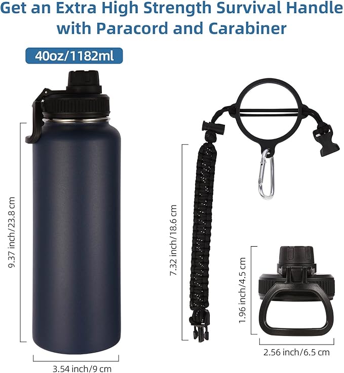 Volhoply 40 oz Insulated Water Bottles Paracord Handle, Stainless Steel Bottle with Spout Lid, Double Walled Vacuum Metal Travel Water Jug with Wide Mouth (Navy,1 Set)