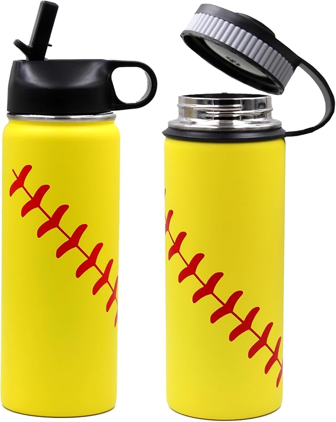 18 oz Softball Water Bottle, Sports Cup Flask Metal Travel Mug with 2 Lids, Stainless Steel Double Wall Vacuum Insulated Leak Proof Water Bottles, Softball Accessories Gifts for Mom Men Fan Boys Girls