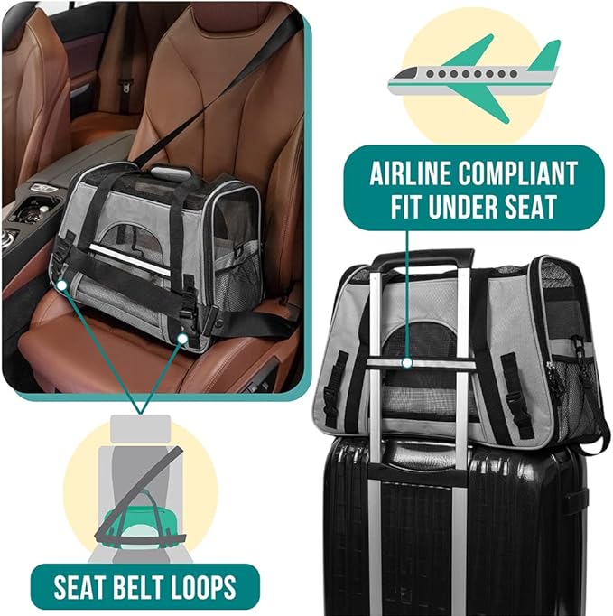 PetAmi Airline Approved Pet Carrier for Cats & Small Dogs, Soft Sided TSA Travel Carrier Bag with Sherpa Bed, Breathable Mesh Ventilation, Collapsible Bowl, Fits Under Seat, Up to 18 lbs, Small Gray