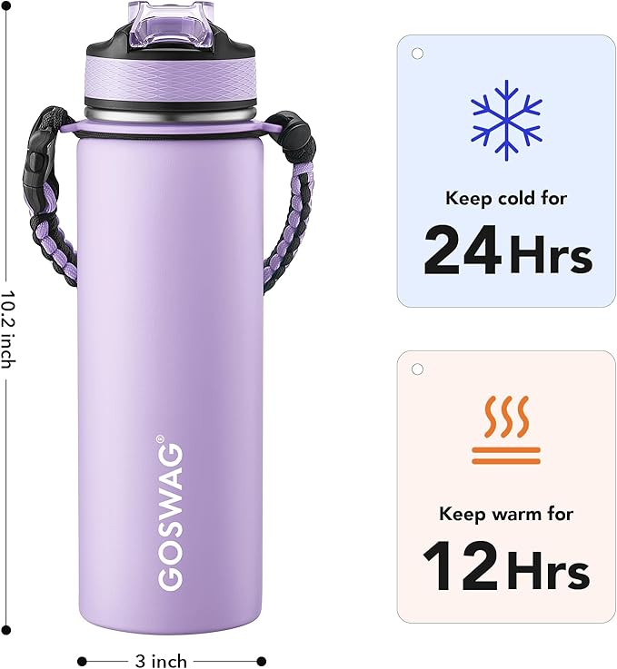 GOSWAG Insulated Sports Water Bottle, 24oz 2 Lids(with Straw/No Straw), Stainless Steel Water Bottles with Paracord Handle, Insulated Bottle with Double-Wall Vacuum Insulation