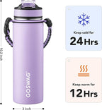GOSWAG Insulated Sports Water Bottle, 24oz 2 Lids(with Straw/No Straw), Stainless Steel Water Bottles with Paracord Handle, Insulated Bottle with Double-Wall Vacuum Insulation