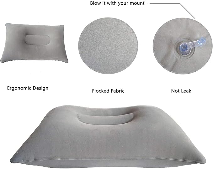 2 Pack Gray Ultralight Inflatable Pillow Small Squared Flocked Fabric Air Pillow for Hiking, Camping, Traveling, Napping, Desk Rest, Neck & Lumbar Support