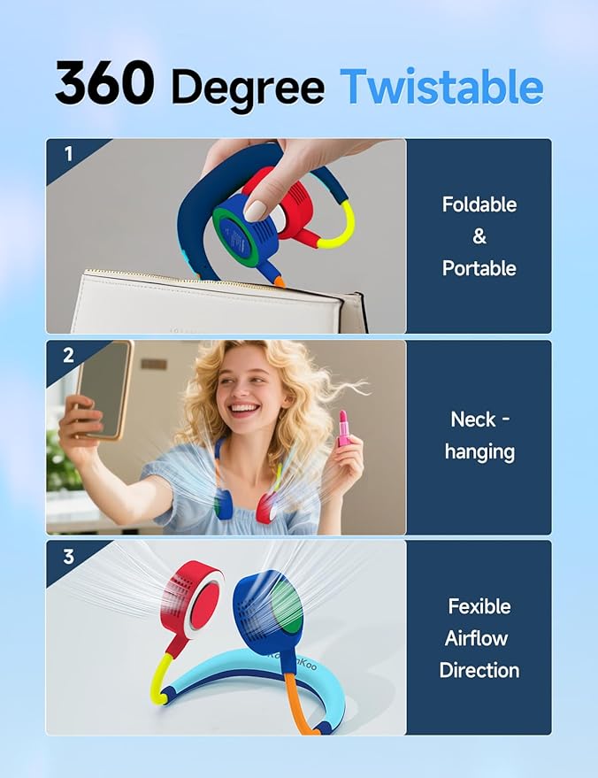 Portable Neck Fan, Hand-Free Fan, 5 Speeds, Foldable, Twistable, Lightweight, Rapid Cooling, Fashion, Quiet, Rechargeable, Summer Gift (Dark Blue Red)