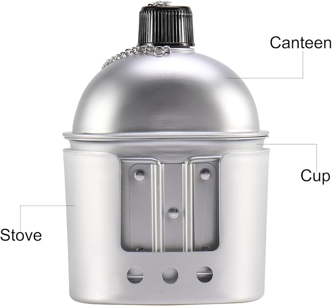 Military Canteen with Cup Stove and Molle Pouch Military Surplus Army Canteen for Outdoor Camping Hiking Surviving Backpacking