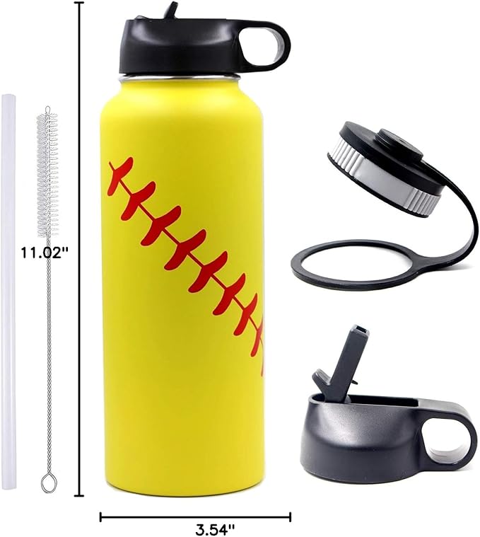 40 oz Softball Water Bottle, Sports Cup Flask Metal Travel Mug with 2 Lids, Stainless Steel Double Wall Vacuum Leak Proof Insulated Water Jug, Softball Accessories Stuff Gifts for Mom Men Boys Girls