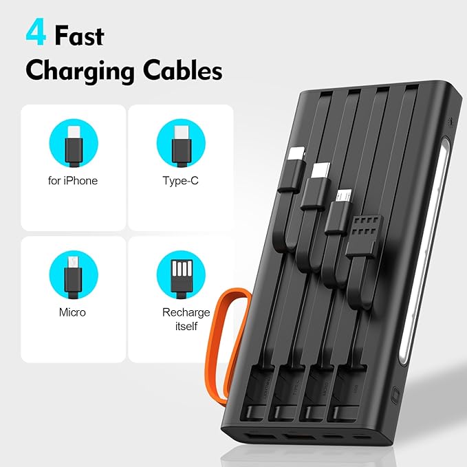 Portable Charger 10000mAh Power Bank Built-in Cable,PD 22.5W Fast Charging Powerbank, LED Display External Battery Pack with LED Lighting, Travel Phone Charger for iPhone 16/15/14/13/12,Samsung,Google