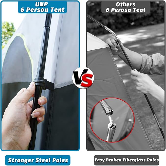 UNP Tents 6 Person Waterproof Windproof Easy Setup,Double Layer Family Camping Tent with 1 Mesh Door & 5 Large Mesh Windows -10'X9'X78in(H)