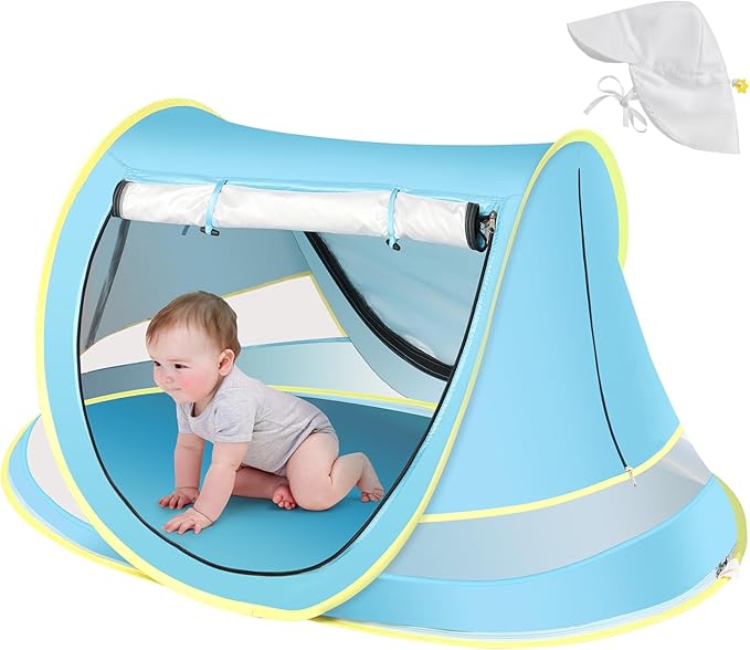 Baby Beach Tent with Baby Hat, Pop Up Toddler Travel Bed with Sun Hat for Boys or Girls, Sun Shade for Toddler Camping, Infant Portable Sun Shade, Summer Beach Baby