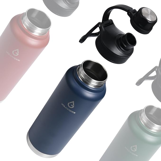 Sports Water Bottle 24/32/40/64Oz with Straw Lid Dustproof, 3 Lids, Vacuum Insulated Stainless Steel, Simple Thermo Flask, Modern Double Wall Hydro Metal Canteen- 40 Oz Navy Blue