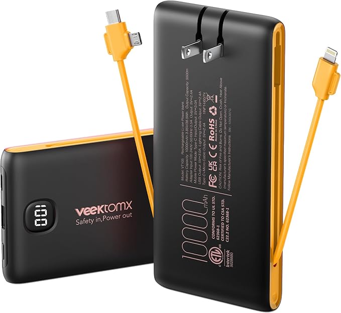 Portable Charger Power Bank Built in Cables and Wall Plug, 10000mAh Phone Battery Pack Fast Charging, USB C External Slim PowerBank, Travel Essentials Compatible with iPhone 17 16 15 14 Samsung iPad