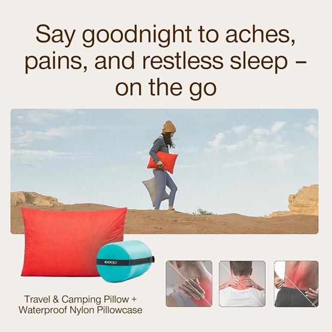 Coop Home Goods Original Adjustable Travel Pillow and Waterproof Pillow Protector Red Bundle with Compressible Stuff Sack, Medium-Firm Memory Foam and Washable Cover, CertiPUR-US Certified (19x13)