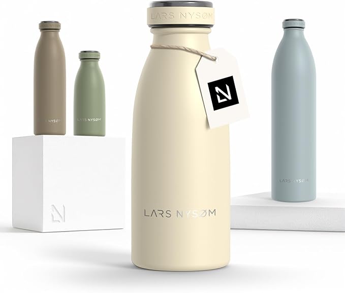 LARS NYSØM Stainless Steel Insulated Water Bottle 12oz 17oz 25oz 34oz 51oz | Insulated Thermo Flask for Hot and Cold Beverages | Leakproof Drinking Bottle (Almond Beige, 11.9oz)