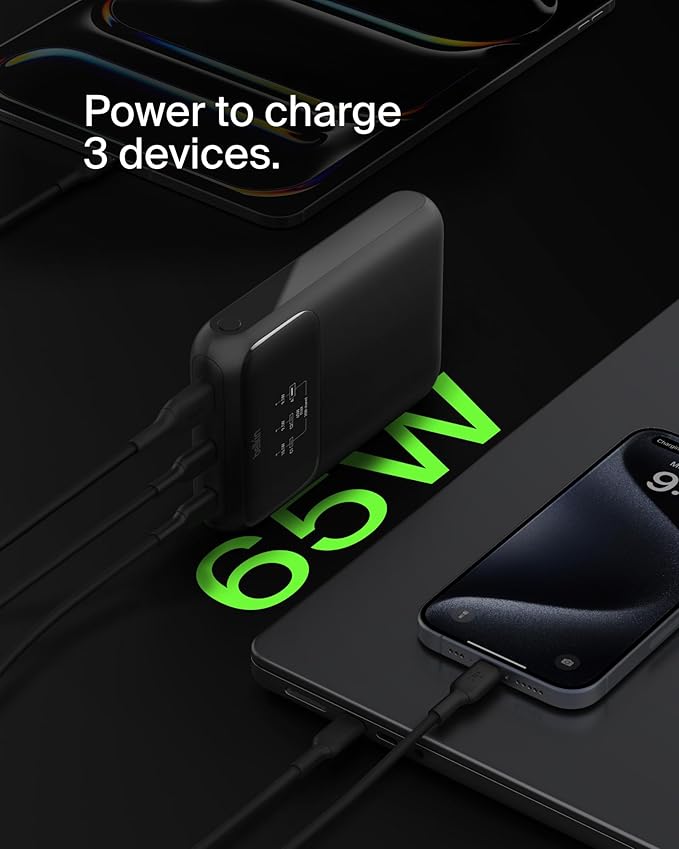 Belkin Portable Charger, 3-Port Laptop Power Bank 20000 mAh - USB-C & USB-A Ports, 65W iPhone Charger Fast Charging - MacBook, Apple iPhone 17, iPad, Samsung Galaxy S25, Nintendo Switch 2, etc - Black