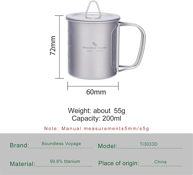 iBasingo 200ml Titanium Mug with Lid Tea Coffee Water Cup Outdoor Camping Pot Ultra-light Portable Hiking Backpacking Cooking Kit Picnic Tableware Drinkware with Foldable Handle Ti3033D