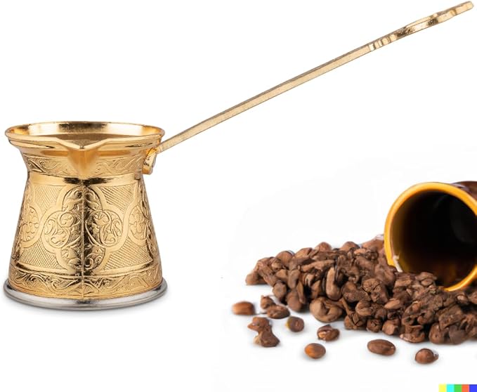 Alisveristime Authentic Turkish Coffee Pot, Handmade Cezve/Ibrik, 2.75-Inch Width, 2.75-Inch Height - 6.76 Ounce Enhance Your Coffee Experience Now! (2 Cup) (Gold)