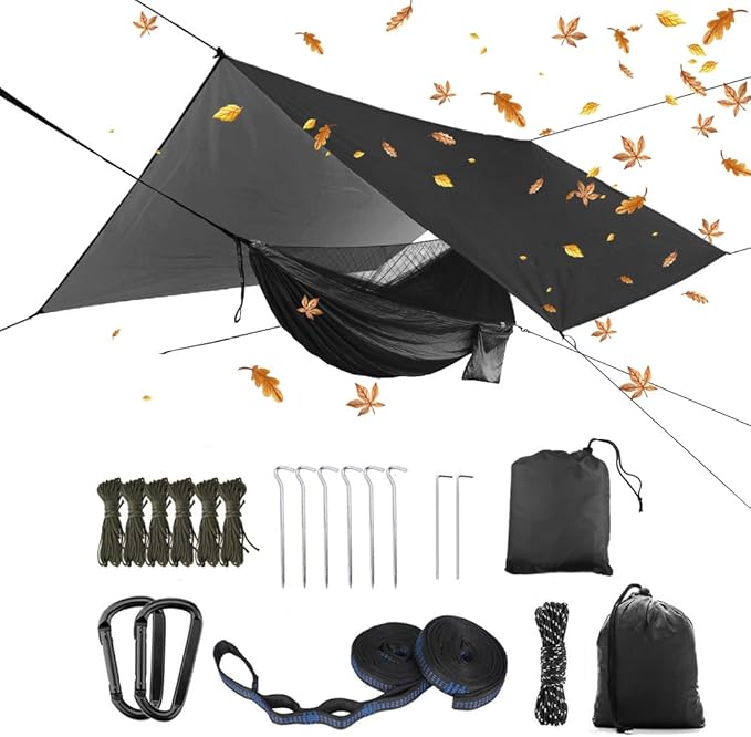 Oversized rain Tarpaulin,Camping Hammock with Mosquito Net Rain Fly Heavy Duty Tree Strap,Single Double Hammock Tent Waterproof Rainfly Set,Camping Backpacking Backyard Patio Hiking Travel Outdoor
