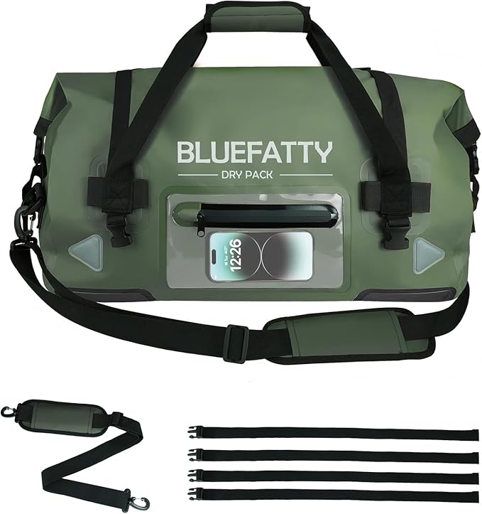 Waterproof Motorcycle Duffel Bag Roll Top Dry Duffel Bag with Quick-fixed Straps for Rafting, Boating, Kayaking, Travel, 50L(Army Green)