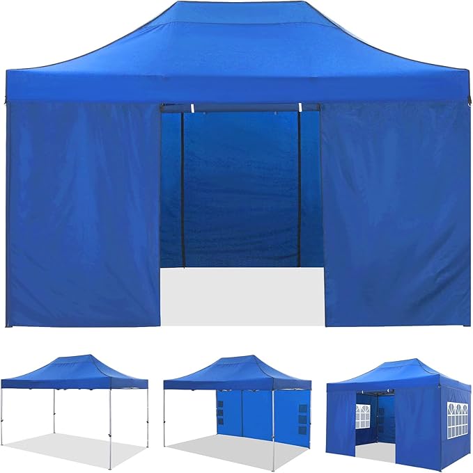 COBIZI 10x15 Pop up Canopy Tent 10x15 Canopy with 4 Sidewalls Waterproof Heavy Duty Commercial Canopy Tent for Parties Outdoor Tent Garden Gazebo Tent, Carry Bag(10x15ft, Blue)