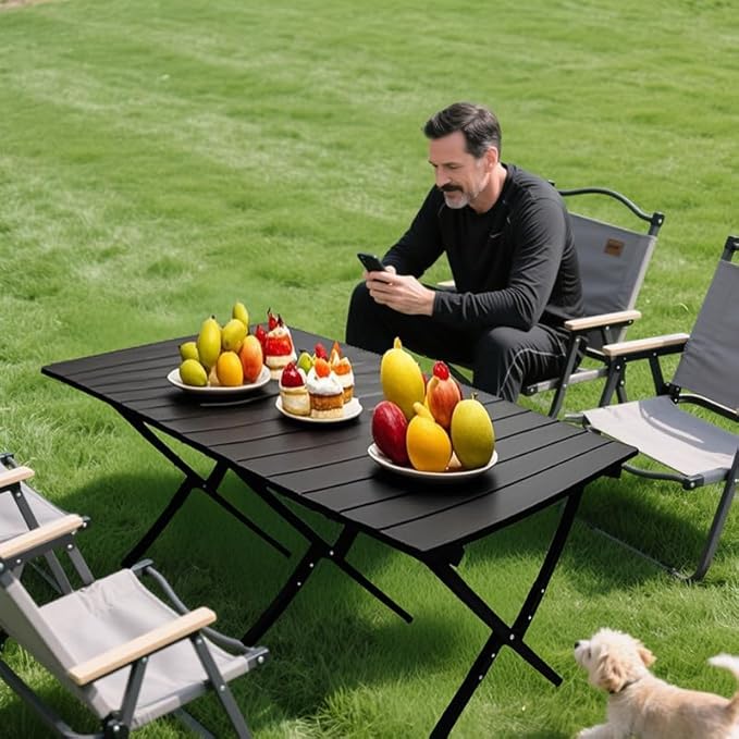 Portable Low Alluminum Roll Up Travel Folding Table for Beach, Camping, & Picnic – Compact, Lightweight, Multi-Purpose for Indoor & Outdoor Use (Black)