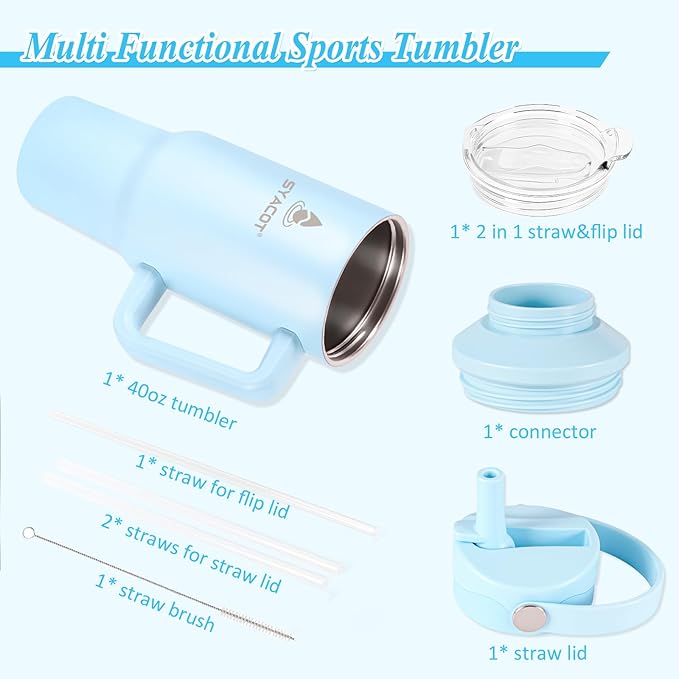 40 oz Tumbler with Handle and Straw or Convert to 40 oz Insulated Water Bottle Fits in Cup Holder. Stainless Steel Metal Water Flask with 2 Lids for Travel,Camping,Gym Sports Coffee Mug Thermal Cup