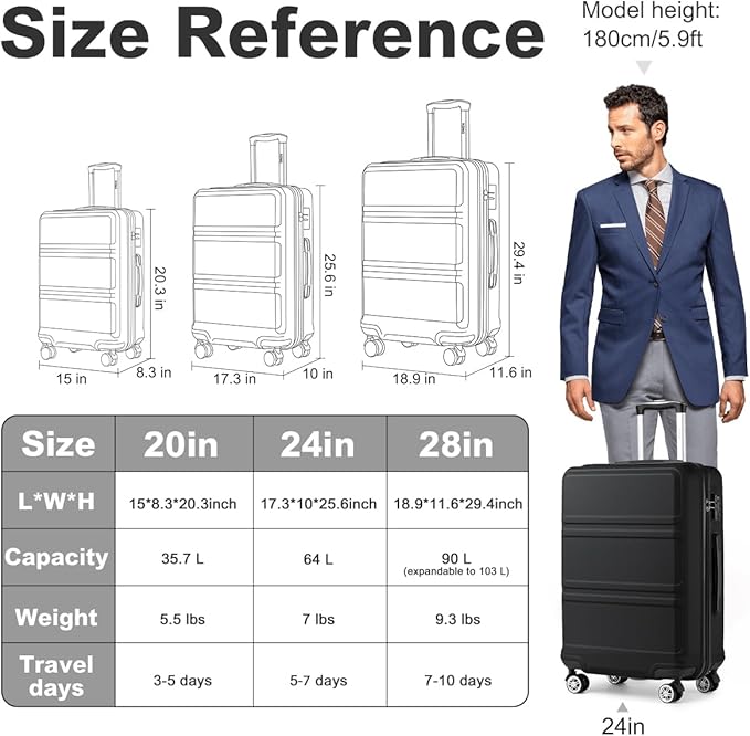 Kono 24 Inch Luggage Suitcase Lightweight with Spinner Wheels TSA Lock Hardside Medium Checked Luggage Durable Rolling Suitcase Black