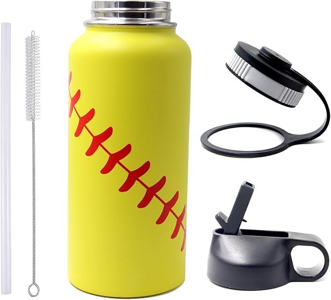 32 oz Softball Water Bottle, Wide Mouth Sports Flask Metal Travel Mug with 2 Lids, Stainless Steel Double Wall Vacuum Insulated Water Bottles, Softball Accessories Stuff Gifts for Mom Men Boys Girls