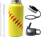 32 oz Softball Water Bottle, Wide Mouth Sports Flask Metal Travel Mug with 2 Lids, Stainless Steel Double Wall Vacuum Insulated Water Bottles, Softball Accessories Stuff Gifts for Mom Men Boys Girls