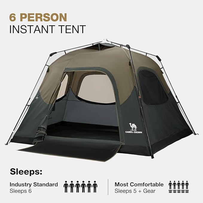 CAMEL CROWN Instant Tents for Camping 4-6 Person Tent Waterproof Easy Setup Sets Up in 60 Seconds Backpacking Tents with Carry Bag for Outdoor Hiking