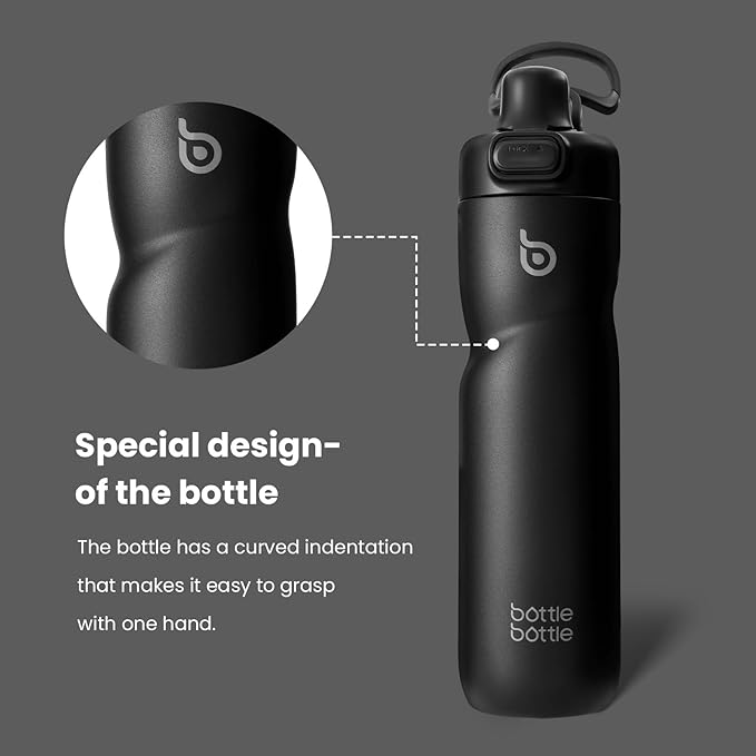 BOTTLE BOTTLE Insulated Water Bottle 24 oz with Handle and Flip Tops Lids Stainless Steel Water Bottle Push Button Lid Leak proof Portable for Running Travel Sports Hiking black