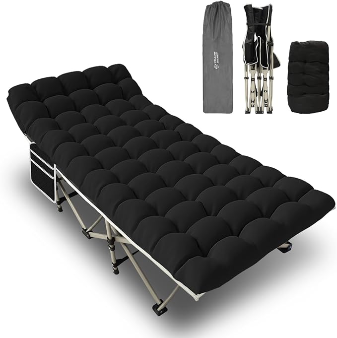 YELLOW JACKET Folding Camping Cot for Adults,600LBS Max Load,28" Wide Sleeping Cot with Removable Thick Mattress Portable Foldable Camping Bed with Carry Bag for Camp,Home,Office,Travel,Black