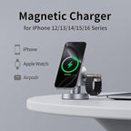 4 in 1 Magnetic Wireless Charging Station,15W Fast Charging with Night Light for MagSafe Charger Stand,3 in 1 Wireless Charger for iPhone 17/16/15/14/13Pro Max,Apple Watch&AirPods,Titanium Gray