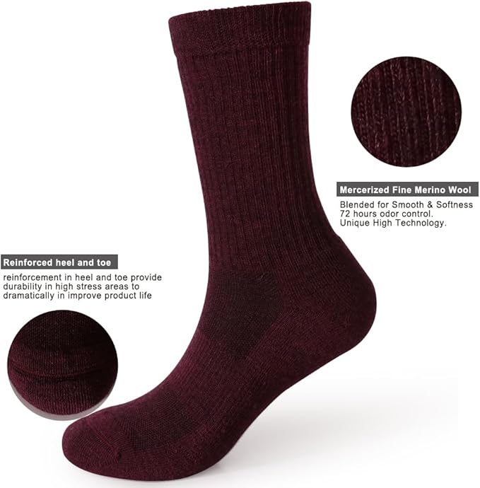 EnerWear 4 Pack Women's Merino Wool Outdoor Hiking Trail Crew Sock