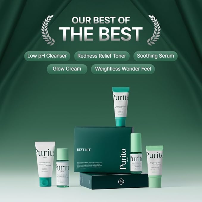 PURITO SEOUL Best Kit - Skincare Routine with Panthenol Cleanser & Cream, Unscented Centella Serum & Toner, For All Skin Types, Gift Set, For Face, Facial Serum, K-Beauty, 3.52 fl. oz.
