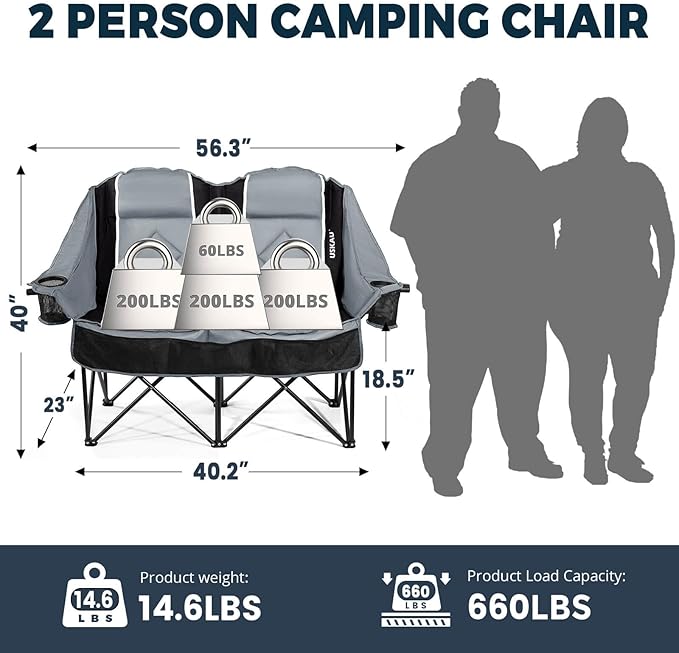 Double Camping Chair for Adults Oversized 2 Person Loveseat Chair for Heavy People, Folding Padded Outdoor Seat with Cup Holders & Carry Bag, 660 lbs Capacity, for Camping, Sports, Backyard