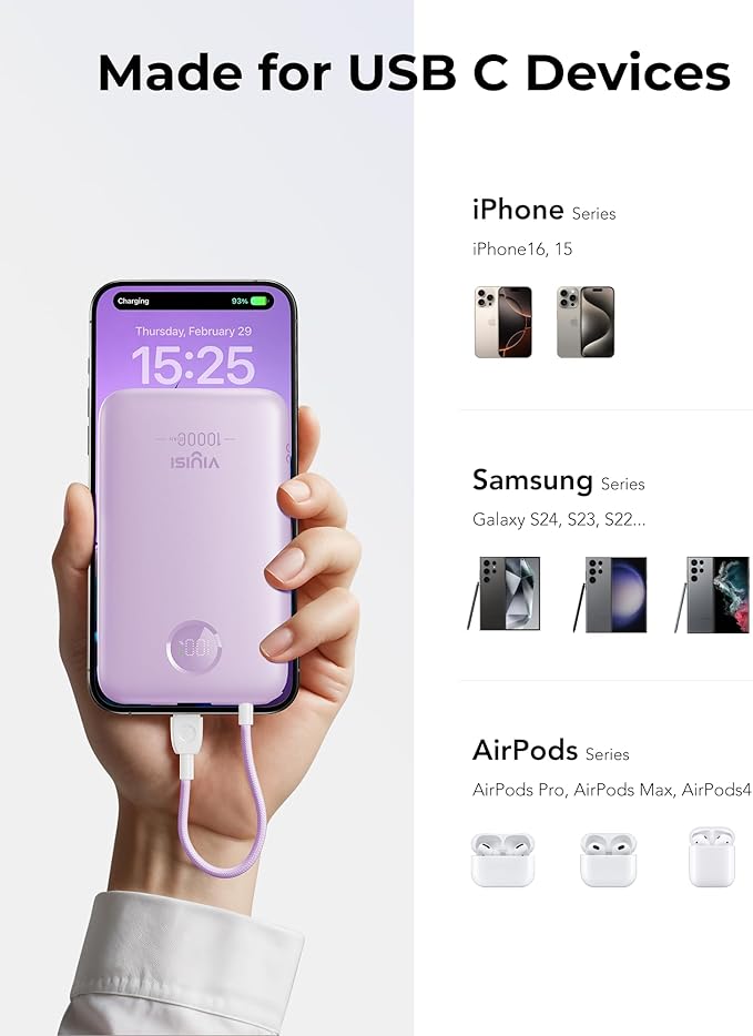 Slim Portable Charger 10000mAh, Travel Power Bank with Built-in USB-C Cable & LED Display, 22.5W Fast Charging Battery Pack Compatible with iPhone 16 15 Samsung S24 S23 -Purple