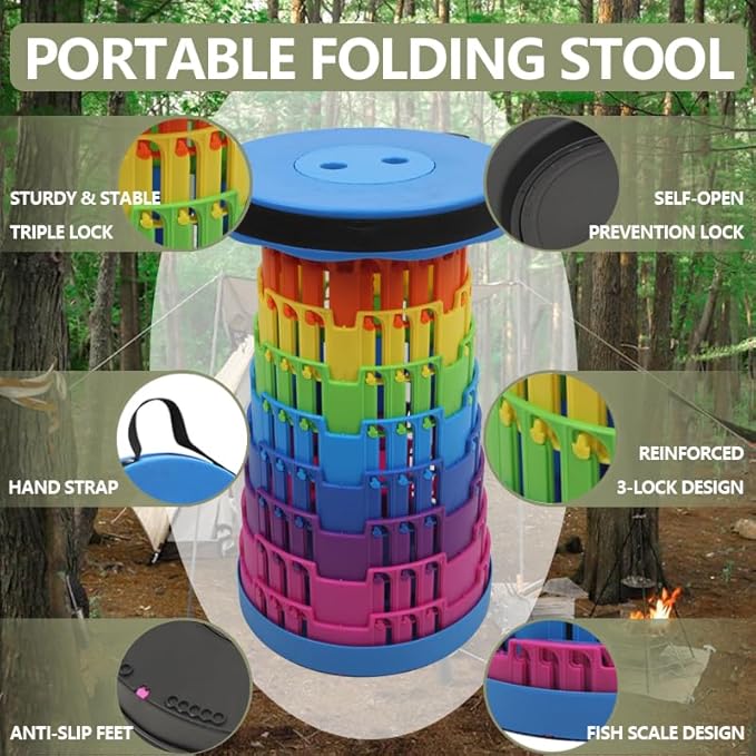 Collapsible Stool Upgraded, Folding Telescoping Foldable Camping Stool, Sturdy, Portable Telescopic Compact Folding Chair, Retractable Seat or Foot Rest for Travel, Parties, Queue