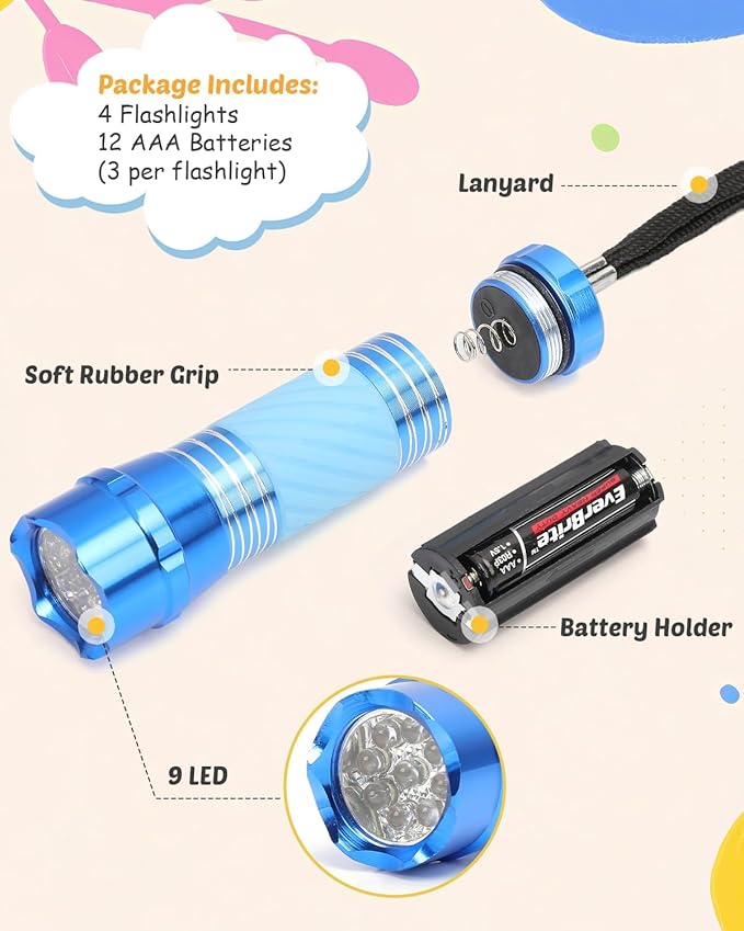 EverBrite 4-Pack Mini LED Aluminum Flashlight Party Favors Colors Assorted for Hurricane Supplies with Handle Glow in Dark