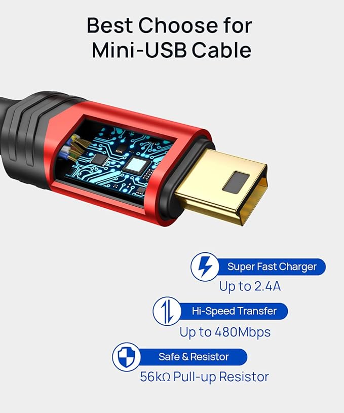 JSAUX Mini USB Cable[2-Pack 3.3ft+6.6ft], USB 2.0 Type A to Mini B Fast Charging Braided Cord for GoPro Hero 3+, PS3 Controller, MP3 Player, Dash Cam, Garmin Nuvi GPS, Camera, Blue Yeti, Red