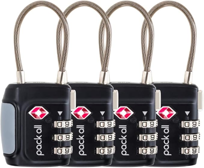 pack all TSA Approved Cable Luggage Locks, 3 Digit Combination Padlocks, Travel Lock for Suitcases & Bag, Alloy Body, Travel Accessories (4 Pack)